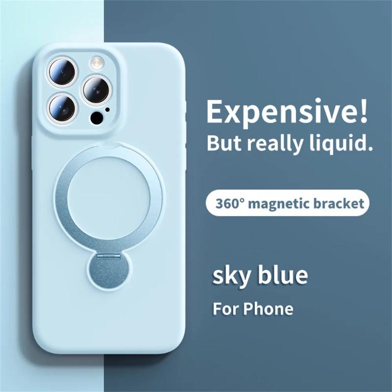 Magnetic Bracket Phone Case For iPhone Air 17 16 15 14 13 Pro Max for Magsafe Liquid Silicone 360°Rotate Metal Ring Stand Cover