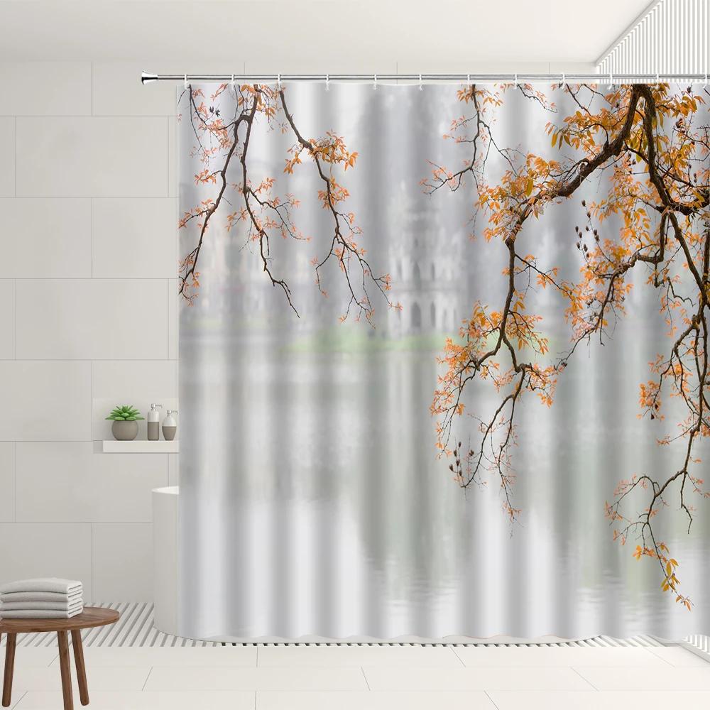 Natural Scenery Shower Curtain Set Mirror Lake Forest Grassland Mountain Kid Flying A Kite Home Bathroom Decor Hanging Curtains