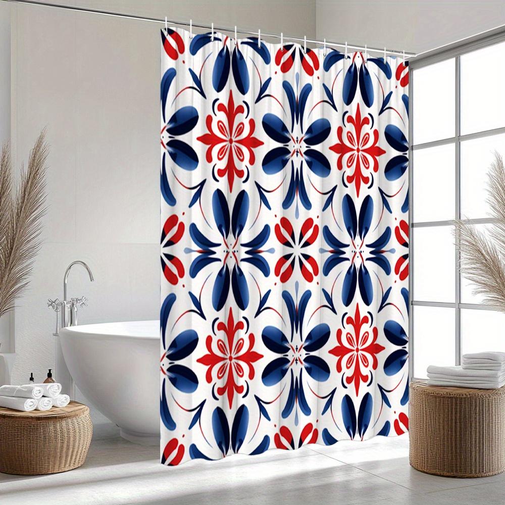 Mexican Folk Art Shower Curtain Red Blue Symmetrical Flowers On White Traditional Tile-Inspired Pattern For Boho Bathroom Decor