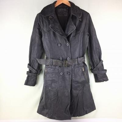 Salsa Jeans Leather Coat Double-Breasted Jacket Black Size S with Belt(USED)