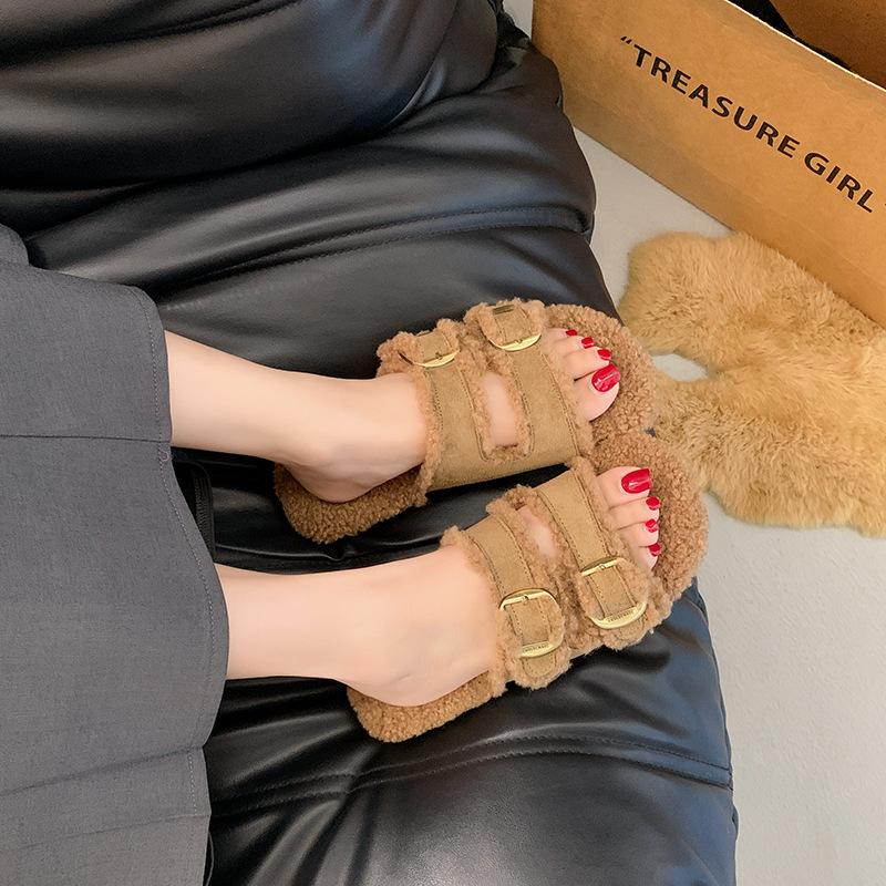 Маффин ретро плюшевые пушистые тапочки женские осенние и зимние толстая подошва универсальные однополосные нескользящие хлопковые моющие 40 хаки 3160₽