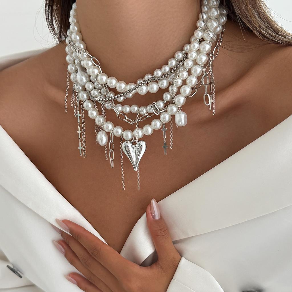 Exquisite French Style Necklace For Women Light Luxury Y2K Multi Layer Imitation Pearl Tassel Neck Chain Girls Trendy Choker