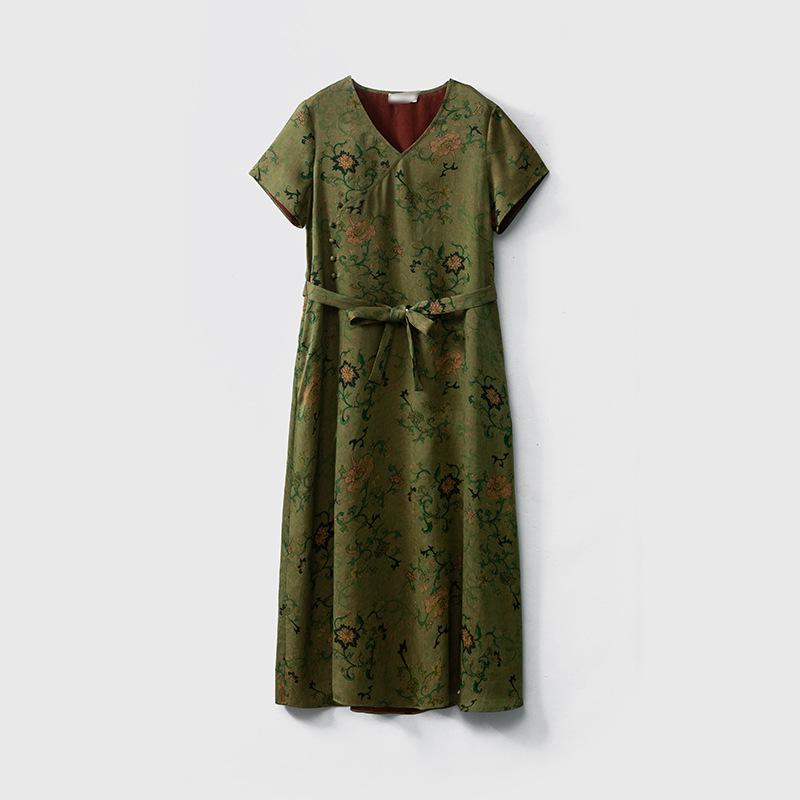 Xiangyun Silk Floral Jacquard V-neck A-line Dress - Mulberry Silk, New Chinese Style Extra Large