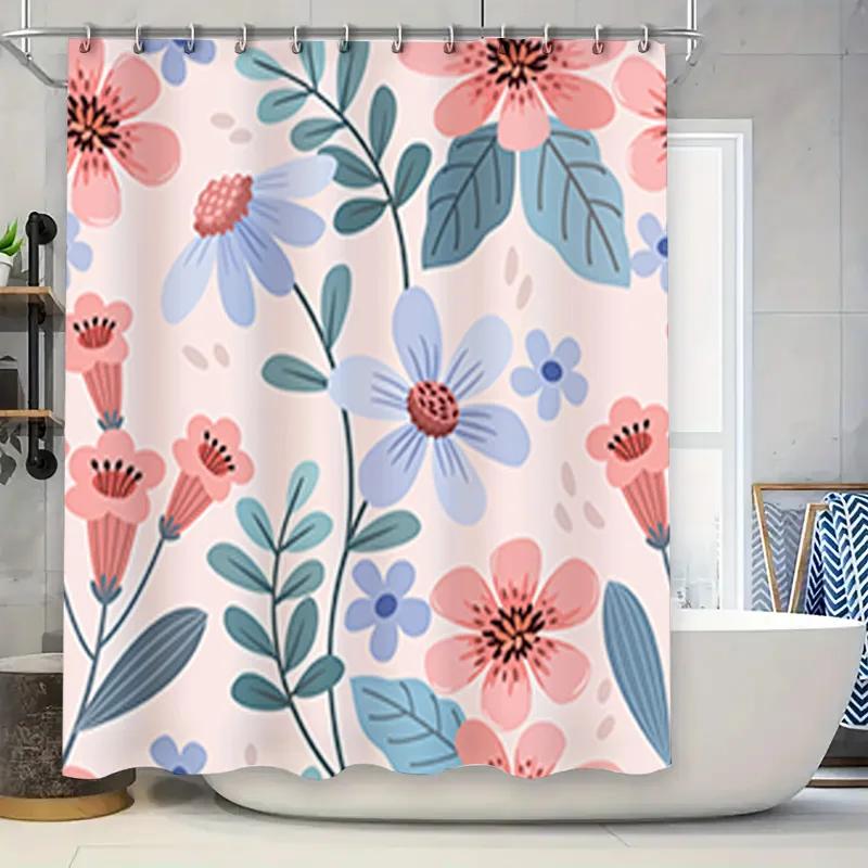 

Waterproof shower curtain with pink flowers print for bathroom decor waterproof home accessory made from polyester fabric suitab W90xH180cm