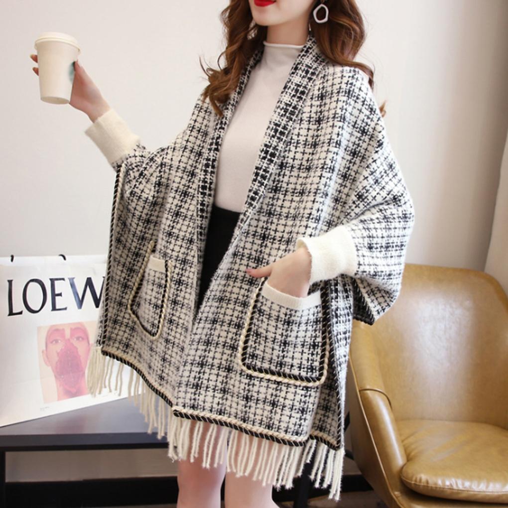 Cashmere Women's Tweed Pocket Cardigan Shawl Knit Cape