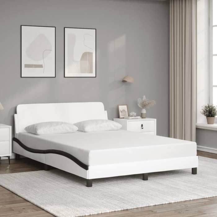 VidaXL Cadre de Lit et Tête de Lit, Lit Rembourré avec Sommier à Lattes, Lit Double avec Pied Chambre, Blanc et Noir 120x200 373164
