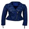 NOORA Veste de motard bleu marine en cuir d'agneau pour femme avec fermeture éclair et poche | Bandoulière | Veste ceinturée |