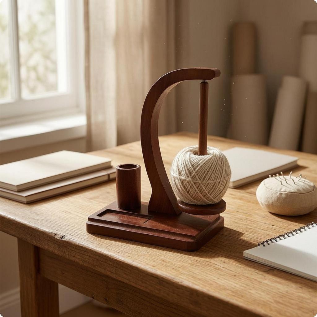 Yarn Stand with Cup Holder Rectangular Base Knitting Organizer Upright Arm Smooth Finish for