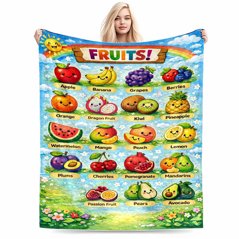 Colorful Cartoon Fruit Characters Flannel blanket for bedroom, living room, sofa, and nap