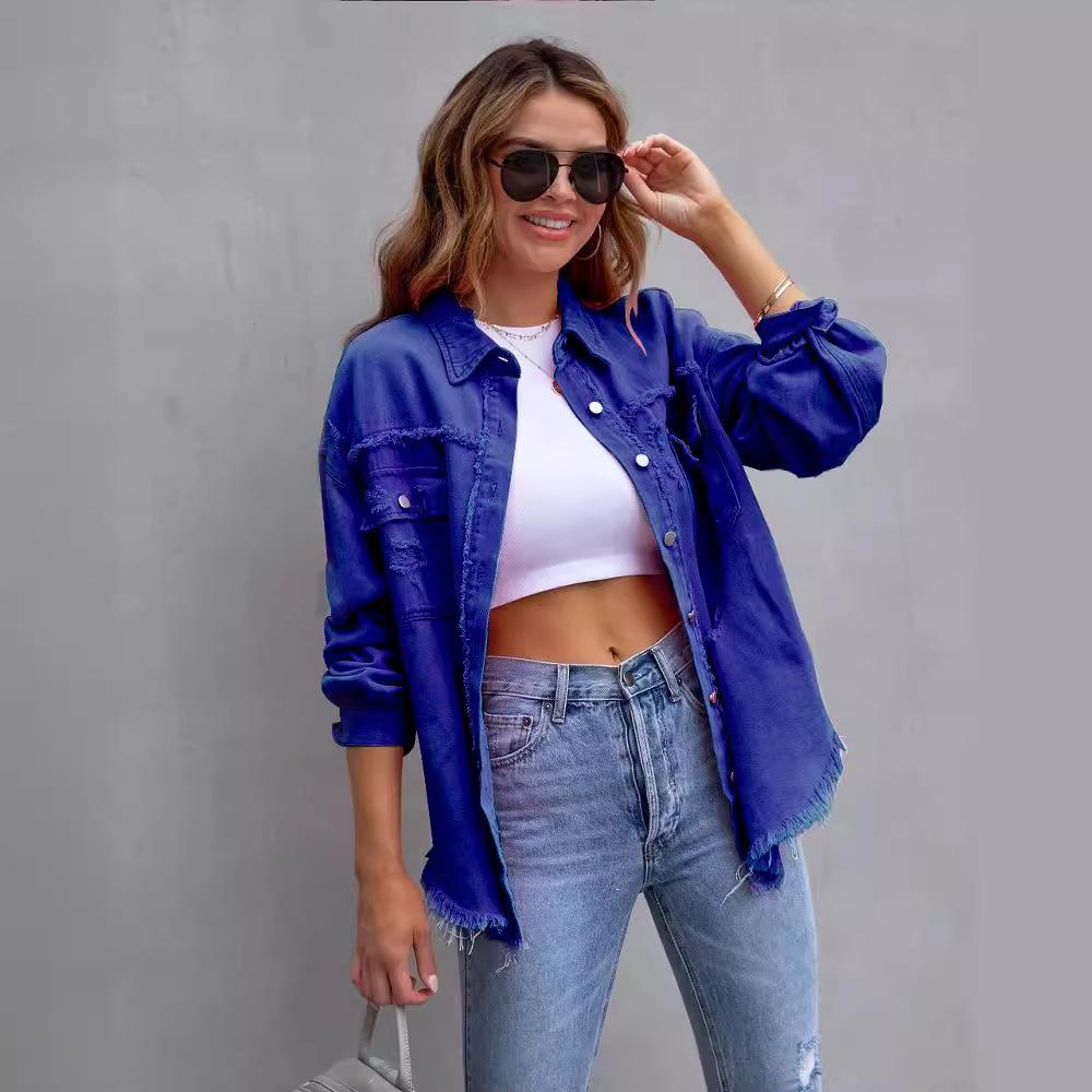 New 2023 Women's Autumn/Winter Denim Cardigan - Solid Color, Single-Breasted Turn-Down Collar Shirt Jacket