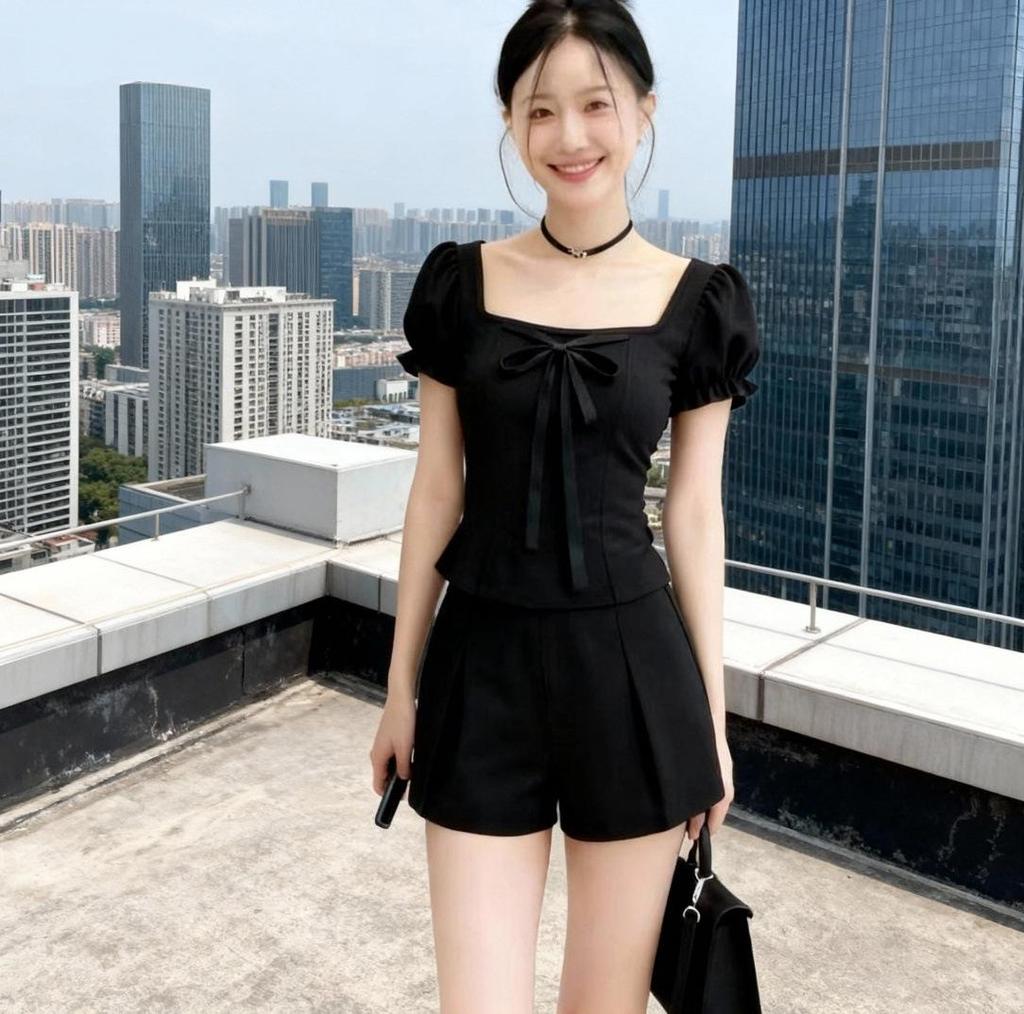 2026 Retro Puff Sleeve Two-Piece Women's Summer Set: Slim Short Sleeve Top & Shorts