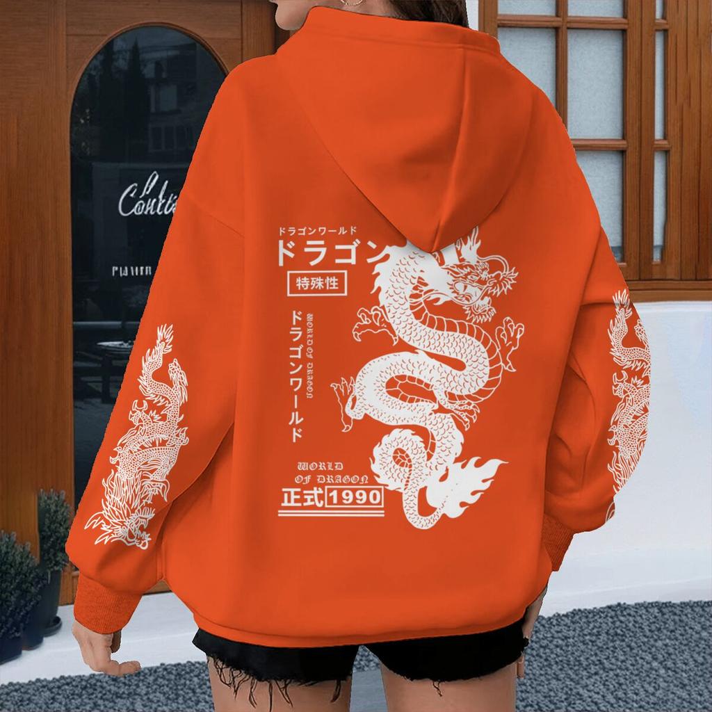 Felpe con cappuccio stampate con drago stile Harajuku, Casual stile giapponese, Sportive, Primavera Autunno, Felpa con cappuccio, Vintage, Unisex