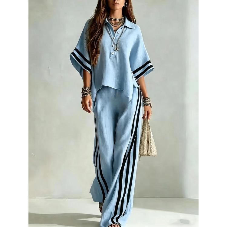 Women's Casual Short Sleeve Button Down Top with Wide Leg Pants Lounge Set