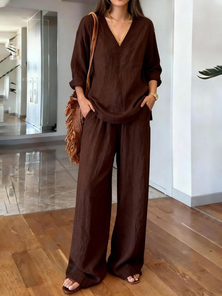 New Women's Casual V-Neck Pullover Long Sleeve Pants Set - Multi-Color Cotton