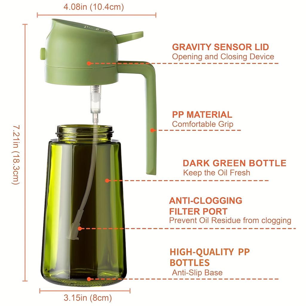 1pc 2-in-1 Olive Oil Dispenser & Sprayer, 16oz/470ml Dark Green Bottle, Durable Plastic with 6 Stickers, Kitchen Cooking Gadget