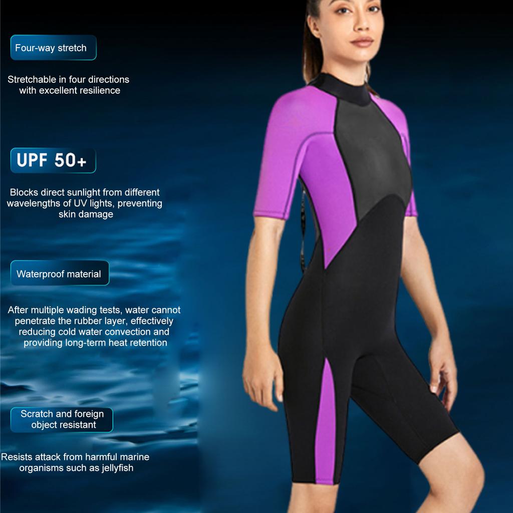 Combinaison de plongée pour femme à manches courtes une pièce 2 mm Maillot de bain UPF50 Plus Élastique dans les 4 directions Néoprène thermique pour la plongée, le surf, la natation, les sports nautiques Violet L