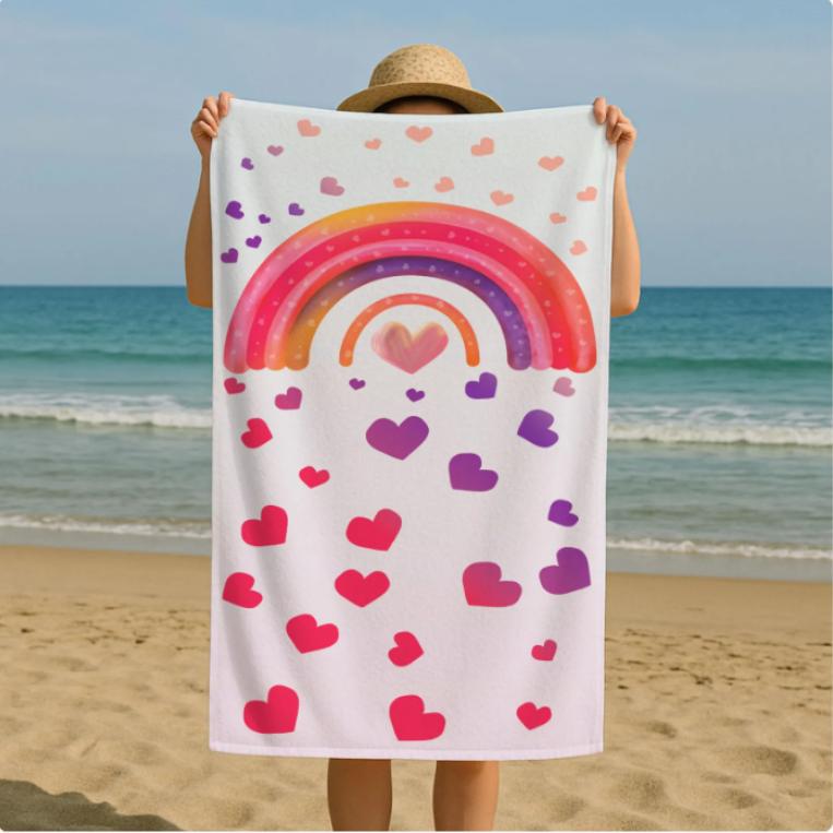 Boho Regenbogen Herz Strandtuch, Mikrofaser Sandfrei Schnelltrocknend, Süßer Liebesdruck, Weich Saugfähig für Kinder & Sommerurlaub