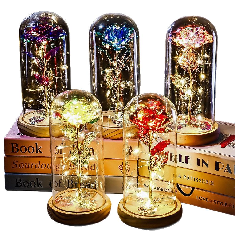 Gold Foil Rose with Glass Cover and Solid Wood Base - Creative Gift for Valentine's, Christmas, and Birthdays