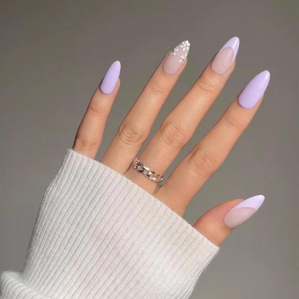 Almond Short Nail Art Wear Nail Purple Flower French Patch Nail Patch False Finger Sticker Extension Nail