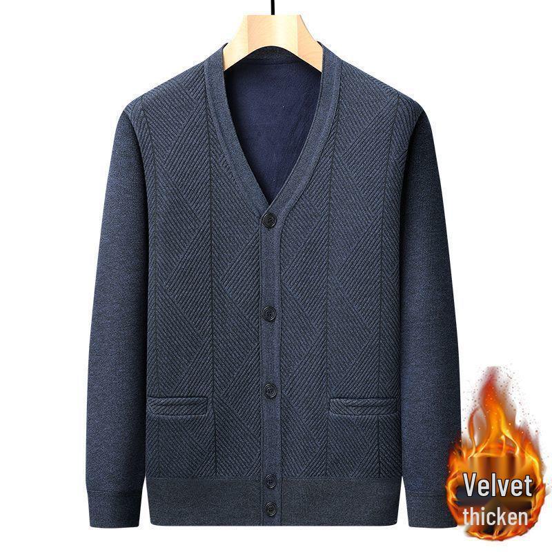 Men's V-Neck Thick Fleece Cardigan: Warm Knitwear for Dad and Grandpa