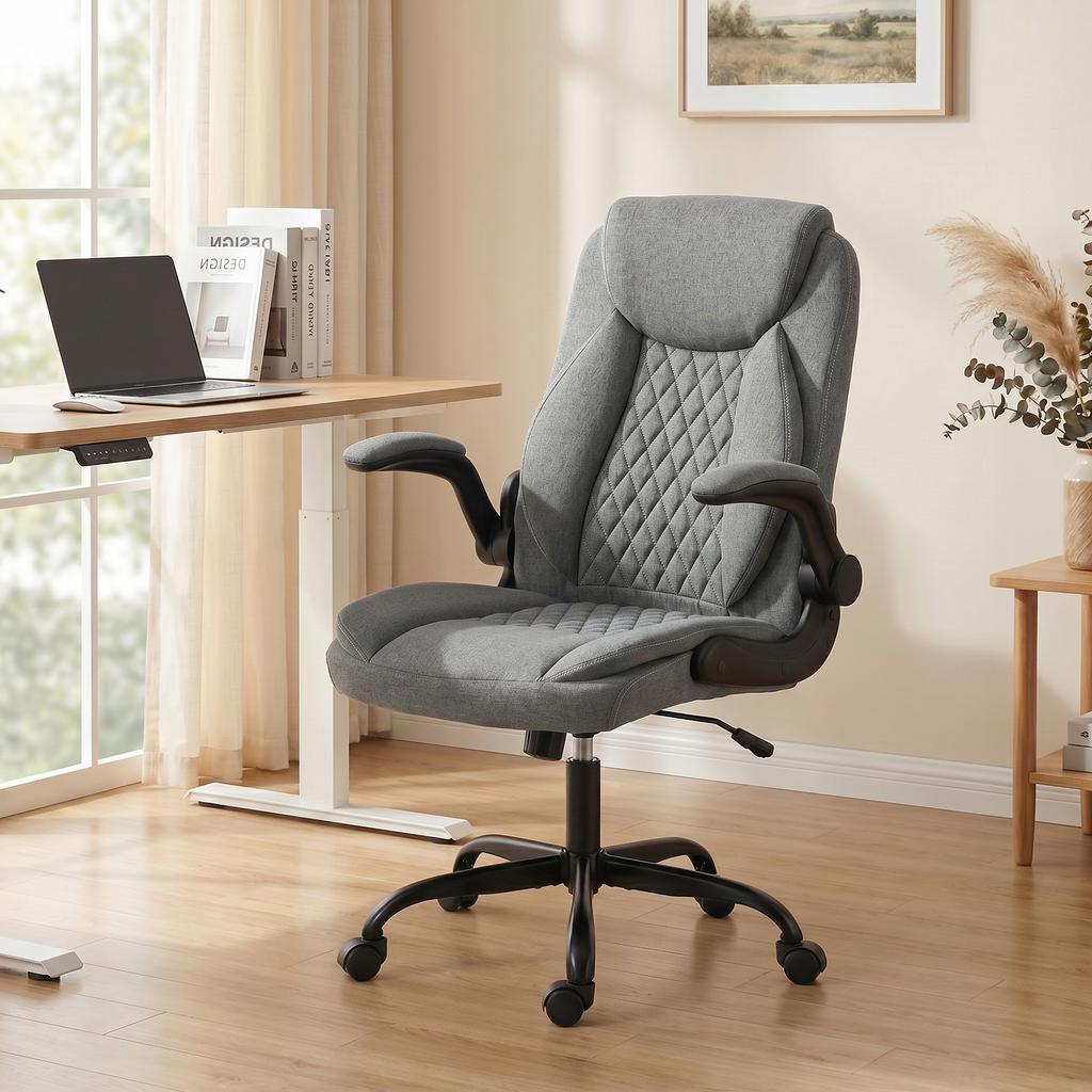 Linen Look Computer Desk Chair Executive Office Chair With Flip Up Armrests And Thick Cushion Grey