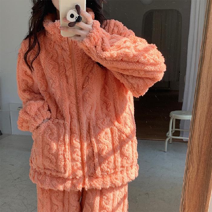 Dámské pyžamo, podzimní a zimní modely, zesílený korálový fleece, jednobarevný žakárový fleece, dámský kardigan na zip a domácí set