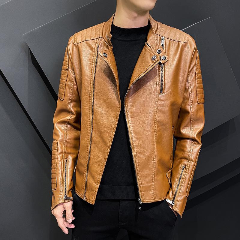 New Casual Motorcycle Windbreaker Zip Stand Collar Faux Leather Jacket Men Slim High Quality Fashion Men's Coat Streetwear