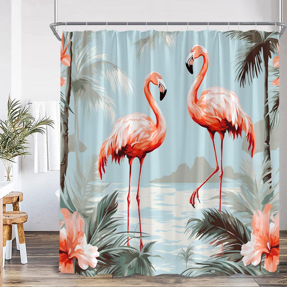 Flamingo Shower Curtain Set Pink Bird Tropical Leaf Rainforest Jungle Bathroom Decor Spring Summer Bath Mat Toilet Lid Cover
