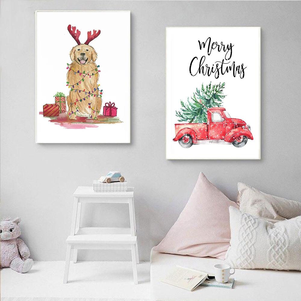Cartoon Christmas Holiday Tree Sock Snowman Car Dog Wall Art Canvas Painting Posters And Prints Wall Pictures Kids Room Decor