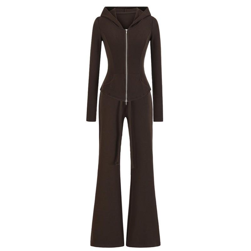 Womens Casual Yoga Set Hooded Zip Cardigan Flared Pants Solid Color Sportswear