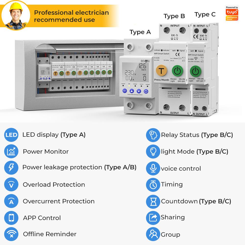 Tuya WiFi Intelligent Automatic Reclosing Protector Multifunctional Current Voltage Monitoring Power Meter Protections