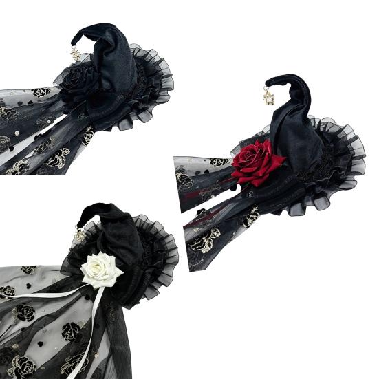Holiday Atmosphere Props Halloween Witch Hat with Rose for Women, Gothic Vintage Mini Wizard Creative Headpiece Veil Costume, Dress Up, Masquerade
