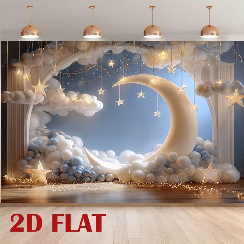 2D Dreamy Moon Star Cloud Backdrop Baby Shower Photography Background