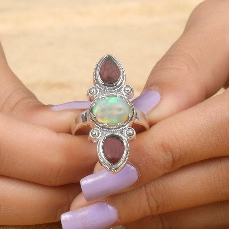 925 Sterling Silver Opal & Garnet Gemstone Ring, Statement Jewelry, Rings For Women, Boho Ring, Silver Charm Jewelry, Wedding Ring
