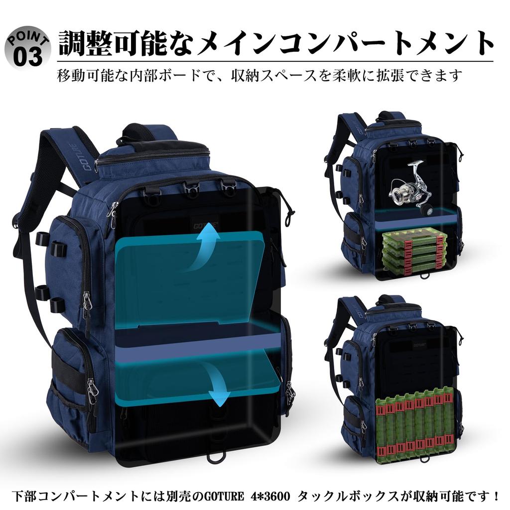 Goture Multifunctional Backpack, 600D, Blue, Water-Repellent, Fishing Gear Storage, Soft Lure Bag, and Rain Cover Included, Outdoor Tackle Bag, Mounta