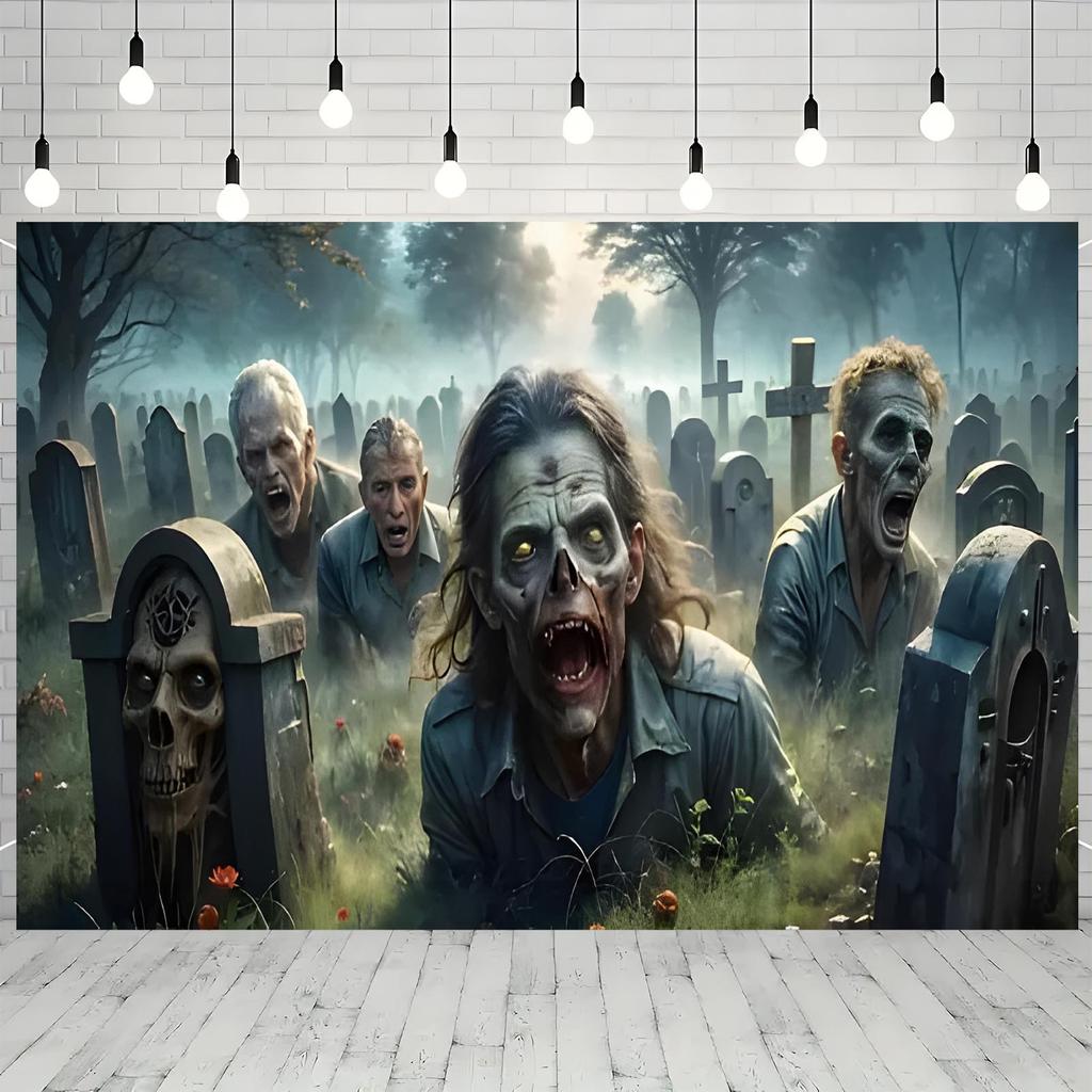 Striscione per festa con stampa piatta 2D 1 pezzo di tessuto per parete di sfondo cimitero zombie Sfondo per fotografia.PMJ