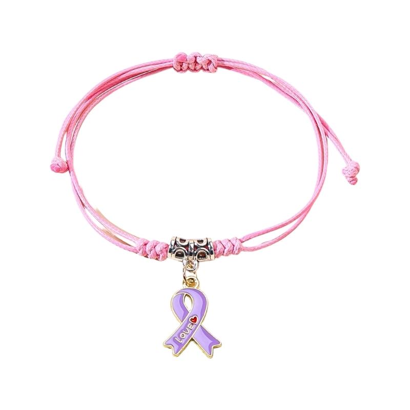 Braccialetto Regolabile in Lega di Zinco Simbolico con Nastro Rosa Viola e Ciondolo a Forma di Cuore per il Supporto al Cancro al Seno