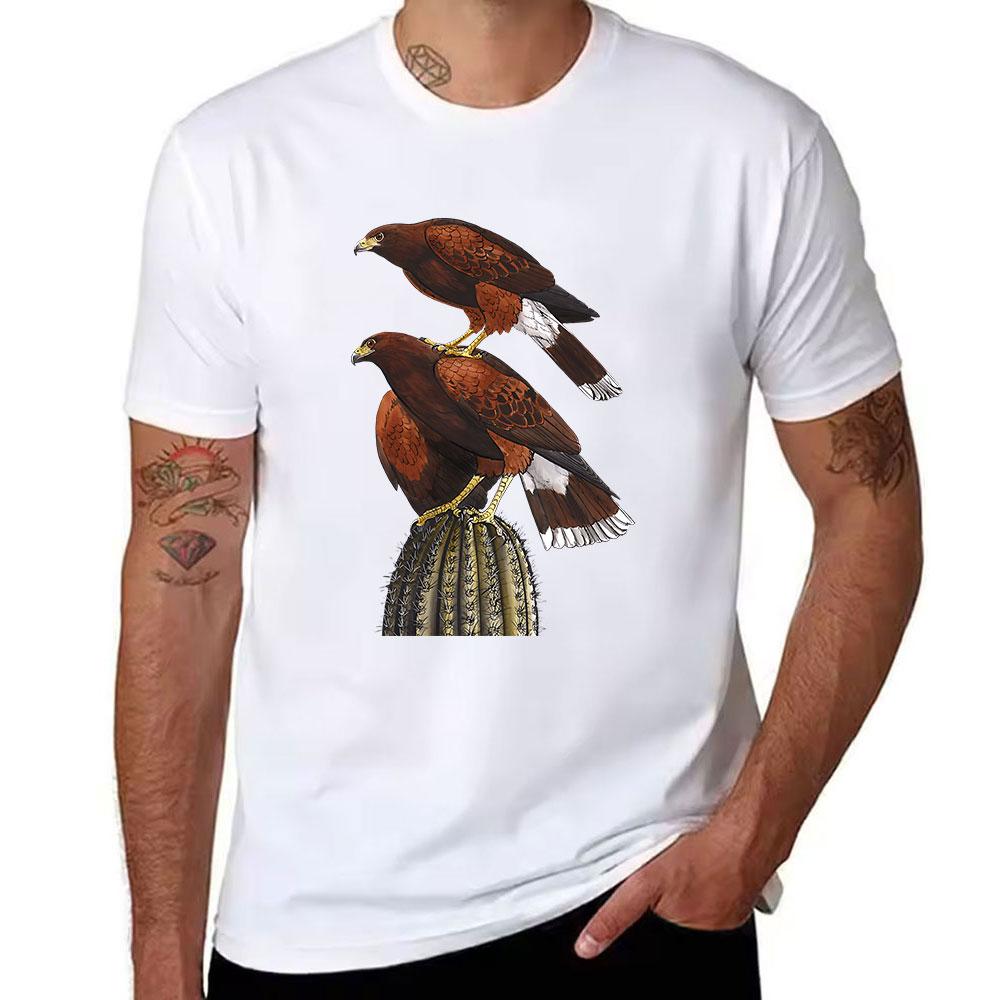Unisexs Cotton TShirt with Harriss Hawk Print Desert Cactus  Raptor Bird Graphic Tee for Outdoor  Casual Wear
