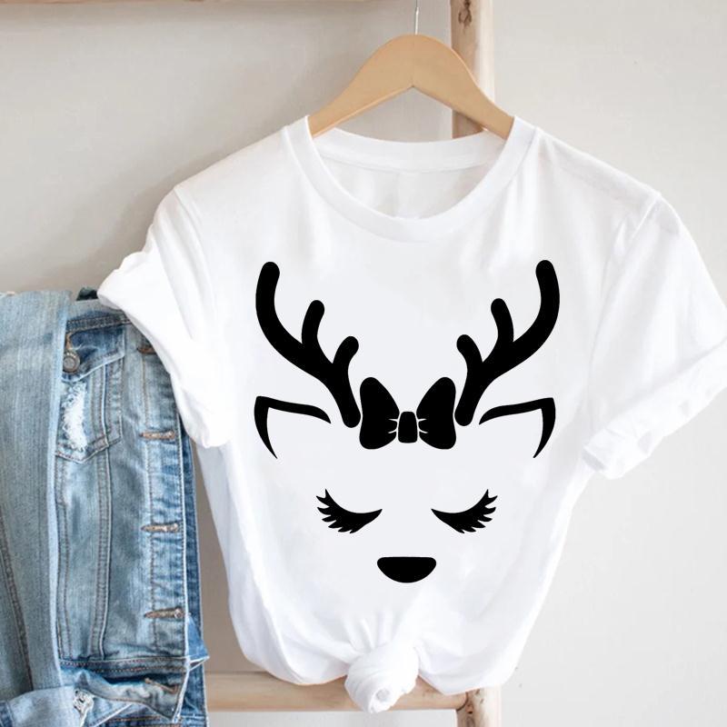 Cartoon Rudolph Reindeer Snowflake Print T Shirt Women Merry Christmas Holiday Short Sleeve Top