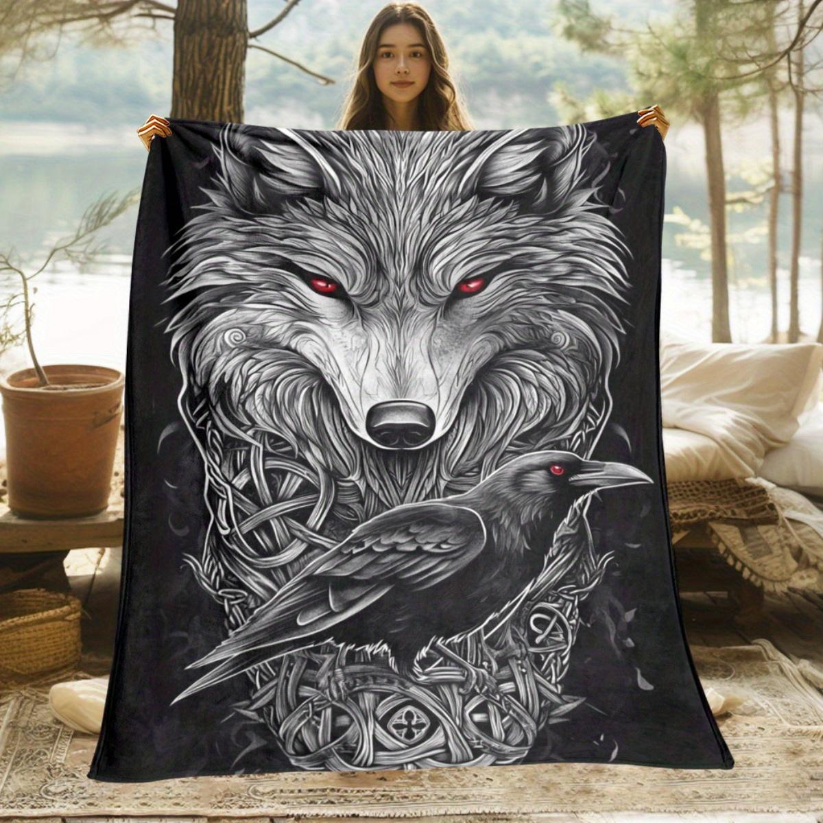 Wolf Raven Celtic Tattoo Design Fleece Blanket Gothic Animal Art Black Red Eyes Soft Throw Blanket Nordic Style Home Decor Gift 75x100cm