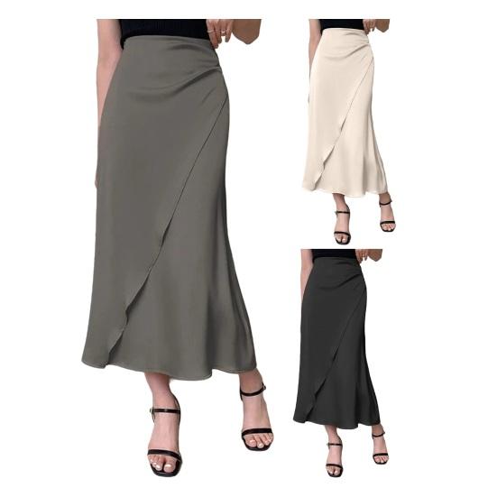 Dámská midi sukně s vysokým pasem, design rybího ocasu, sukně z imitace hedvábí, hladká saténová zeštíhlující pouzdrová sukně pro každodenní nošení
