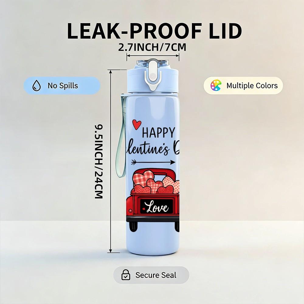 1PC Happy Valentines Day Red Truck Pattern 750ml Color Plastic Sports Water Bottle Leakproof Flip Straw Lid Suitable for Sports Office Home Use