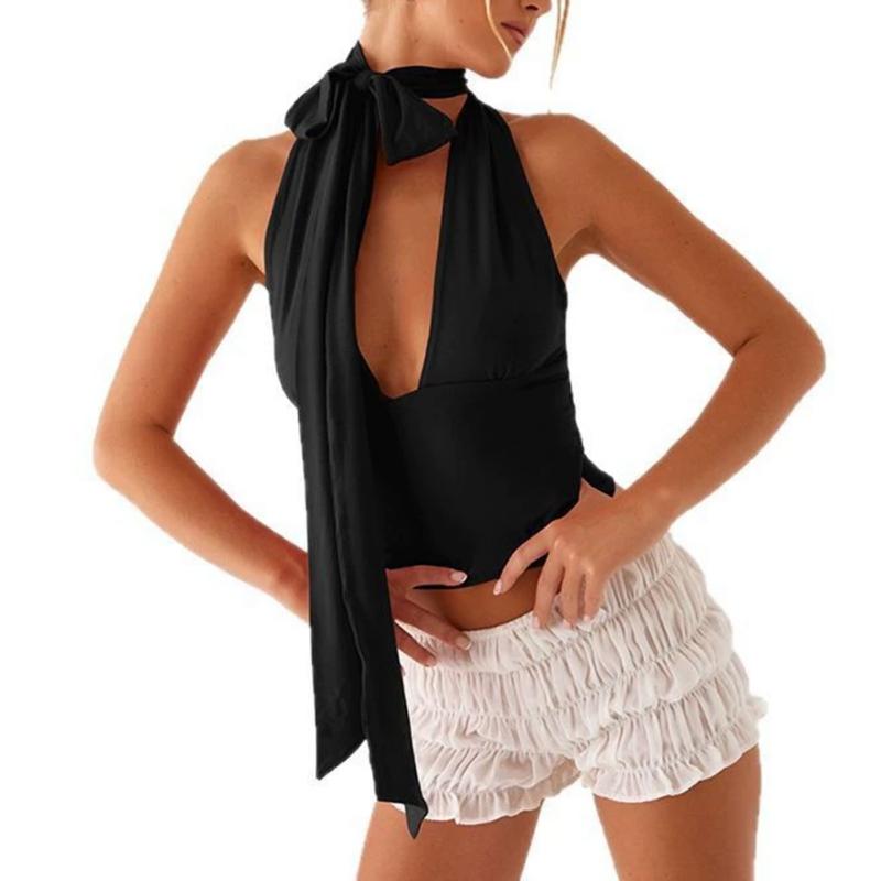 Women's Solid Color Deep V-Neck Strappy Sexy Sleeveless Backless Top