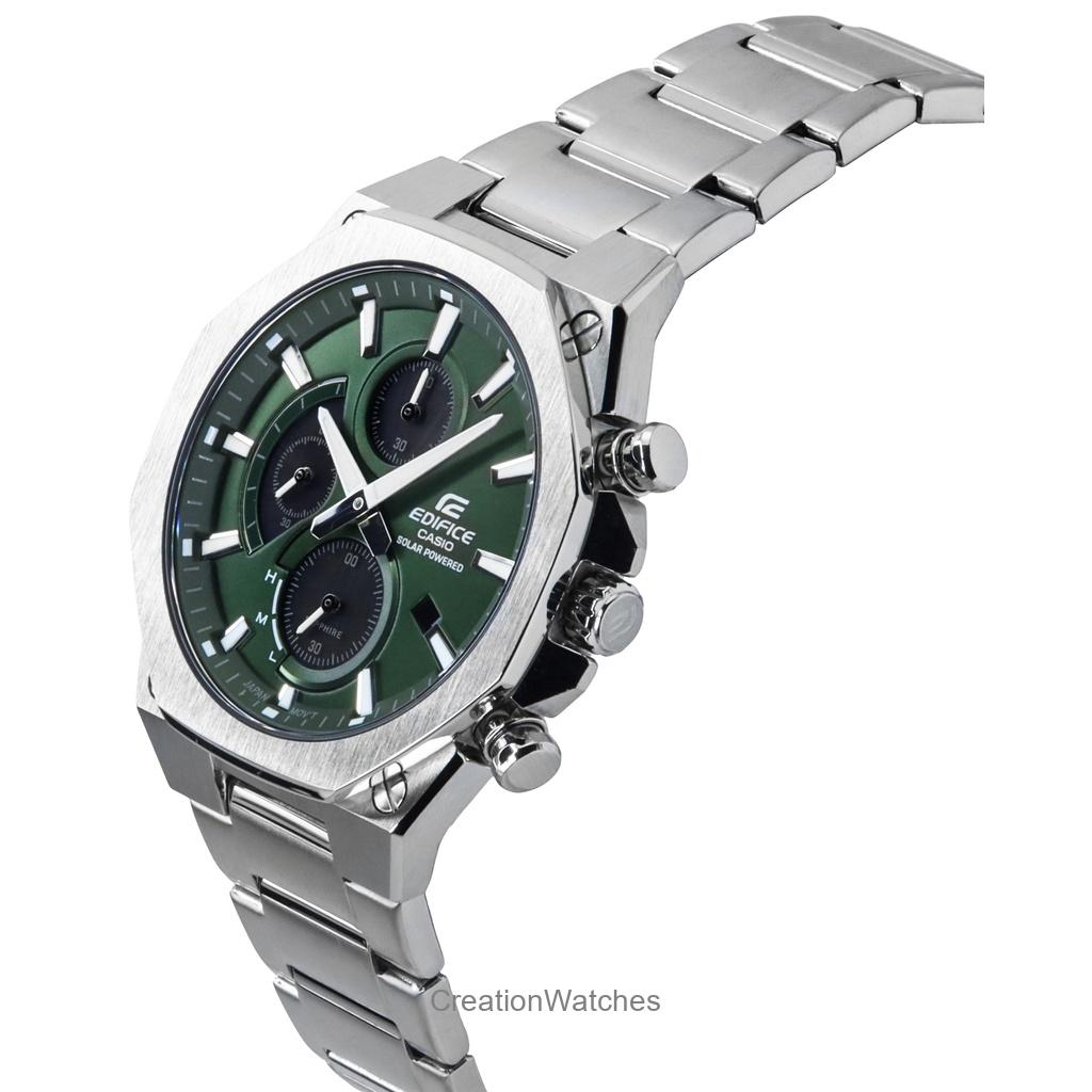 Casio Edifice Linha Fina Cronógrafo Analógico Aço Inoxidável Mostrador Verde Solar EFS-S570D-3A 100M Relógio Masculino