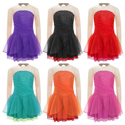 Girls Figure Skating Costume Lyrical Ballet Dance Cutout Back Dress Glittery Rhinestones Modern Lyrical Dancewear