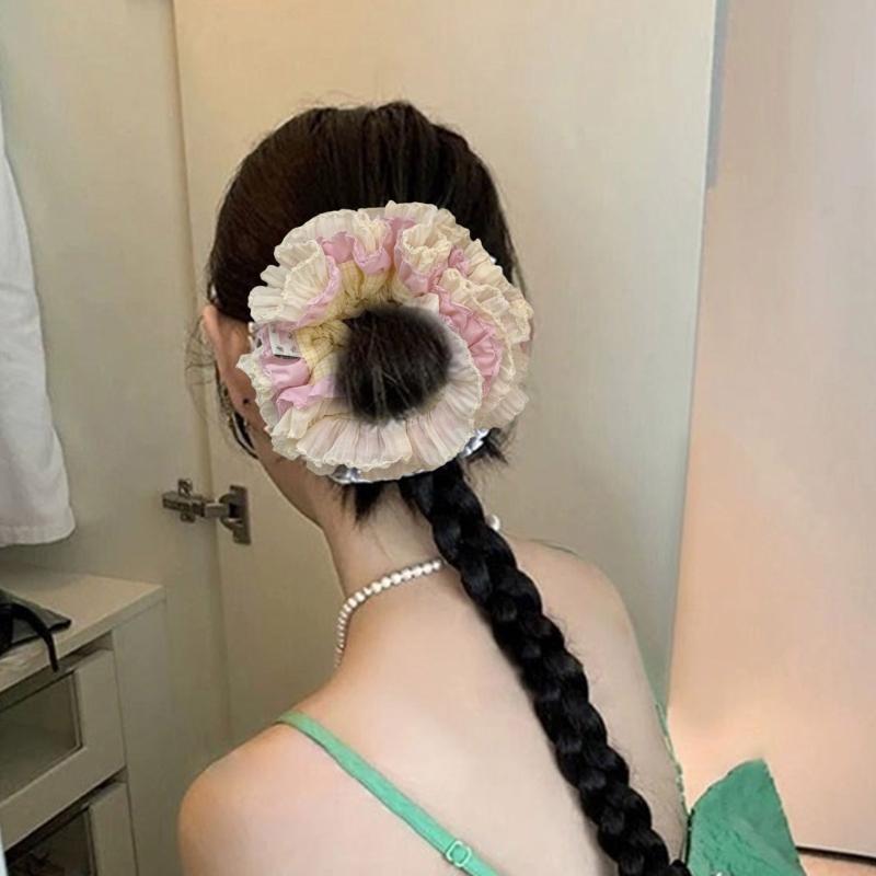 Aesthetic Scrunchies Elastic Multilayer Lace Hair Rope Wedding Party Beach Headwear Big Buns Hair Elastic Check Hairtie