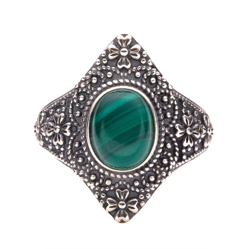 Vintage S925 Sterling Silver Inlaid With Natural Malachite Blue Gold Green Chalcedony Thai Silver Ring Women'S Court Open Ring