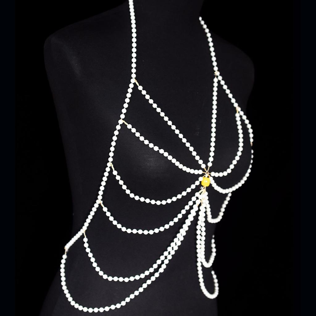 Fashionable Multi-layer Imitation Pearl Body Chain for Stage Performance, Trendy and Versatile Simple Chest Chain, Music Festival Banquet Costume