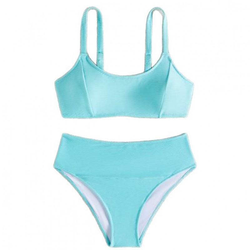 Womens High-Waisted Solid Color Bikini Set Slimming Beach Swimwear With Padded Cups No Underwire