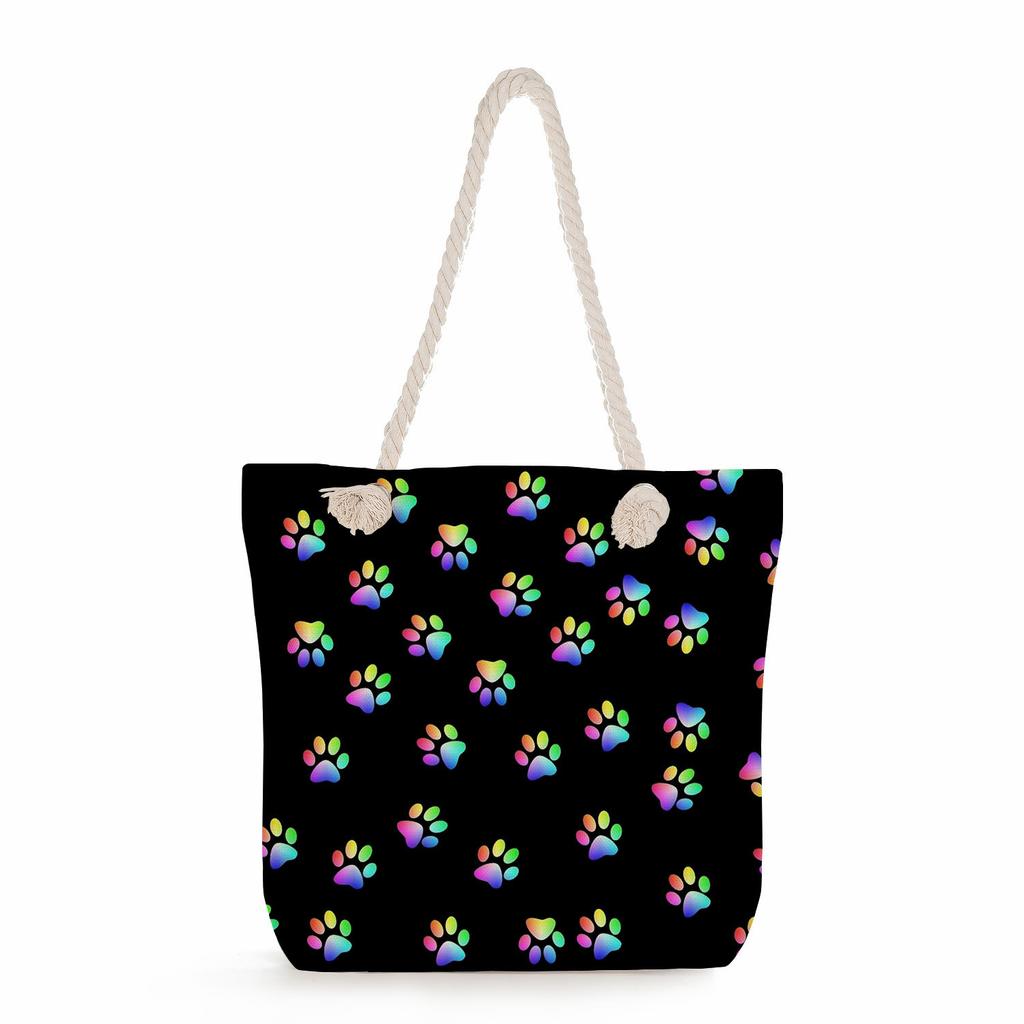 Multifunctional Dog Paws Printed Thick Rope Shoulder Beach Bag Casual Large Capacity Handbag 7601